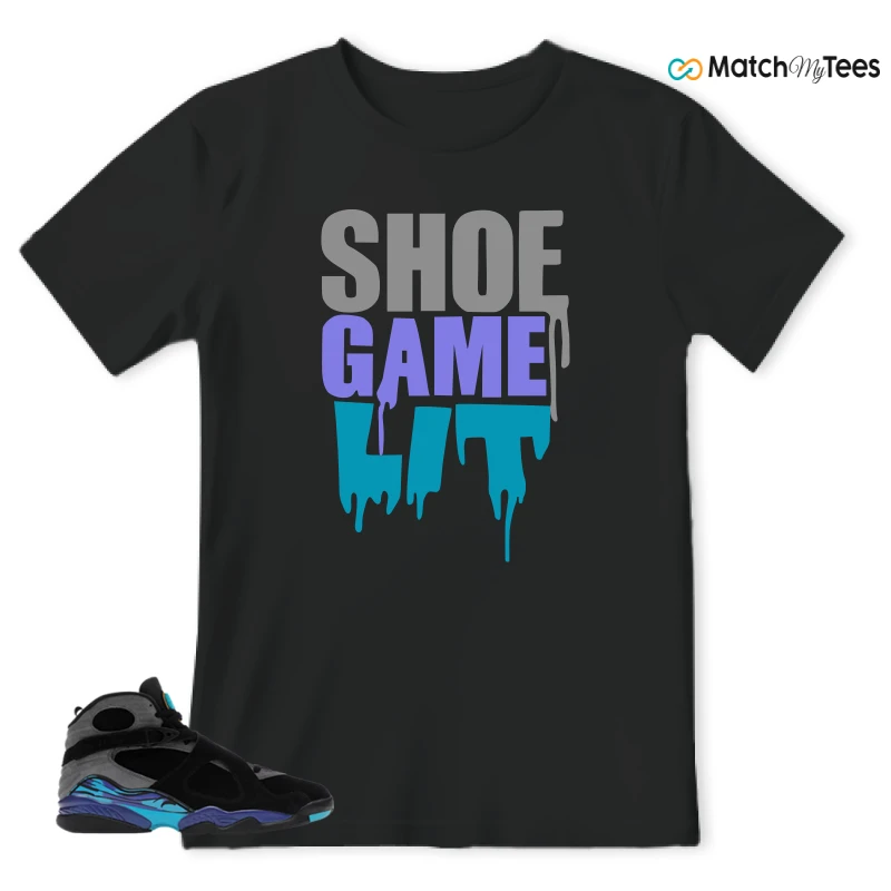 NIKE AIR JORDAN 8 AQUA SNEAKER/BLACK/TRUE RED-IRON GREY-BRIGHT CONCORD-AQUATONE matching T-shirt