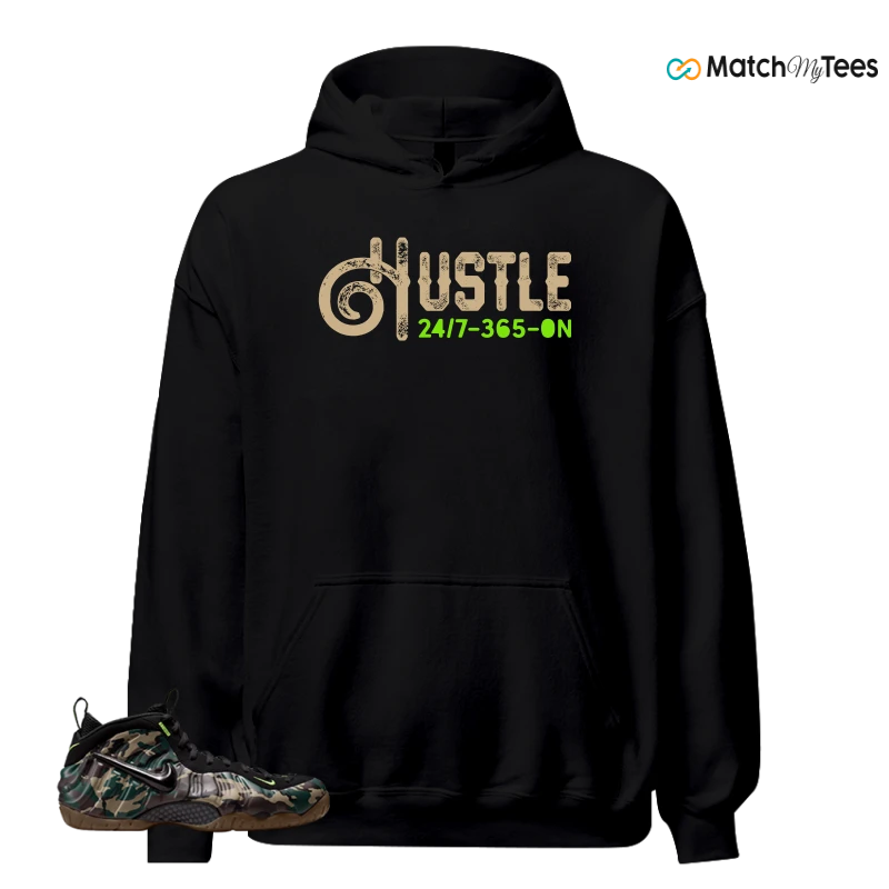 NIKE AIR FOAMPOSITE PRO GREEN CAMO SNEAKER/BLACK/BLACK/VOLTAGE GREEN/GUM DARK BROWN matching Hoodie