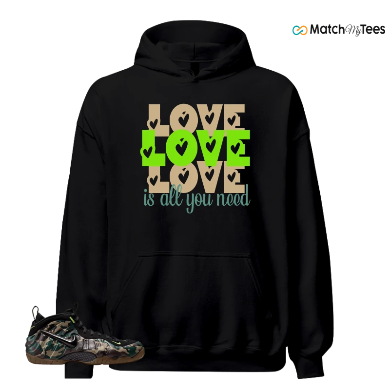 NIKE AIR FOAMPOSITE PRO GREEN CAMO SNEAKER/BLACK/BLACK/VOLTAGE GREEN/GUM DARK BROWN matching Hoodie