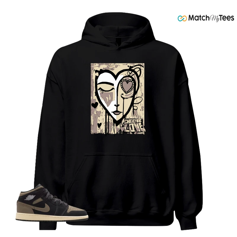 NIKE AIR JORDAN 1 MID SE OLIVE GREY SNEAKER/BLACK/LIGHT WILD MANGO/MUSLIN/OLIVE GREY matching Hoodie