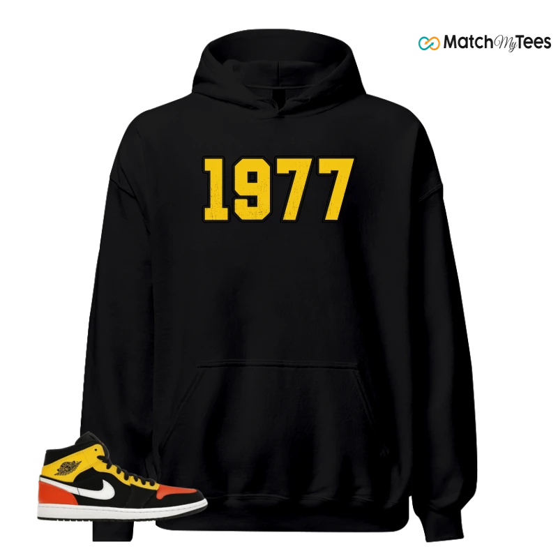 NIKE JORDAN 1 MID BLACK AMARILLO ORANGE SNEAKER Matching Tees hoodie