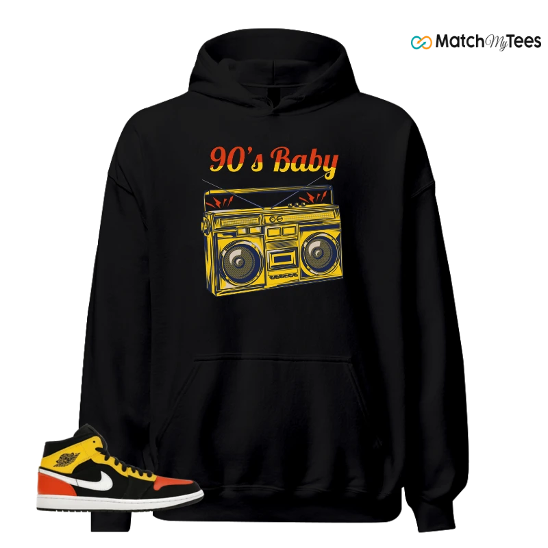 NIKE JORDAN 1 MID BLACK AMARILLO ORANGE SNEAKER Matching Tees hoodie