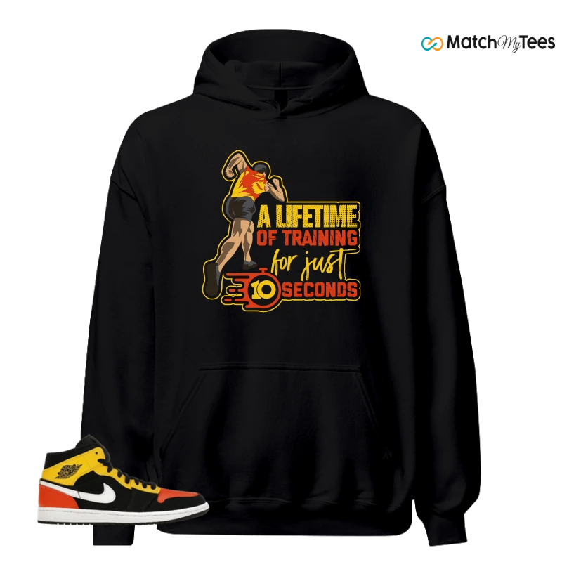 NIKE JORDAN 1 MID BLACK AMARILLO ORANGE SNEAKER Matching Tees hoodie