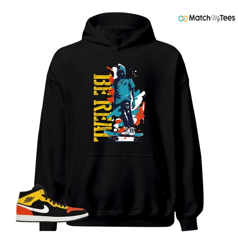 NIKE JORDAN 1 MID BLACK AMARILLO ORANGE SNEAKER Matching Tees hoodie