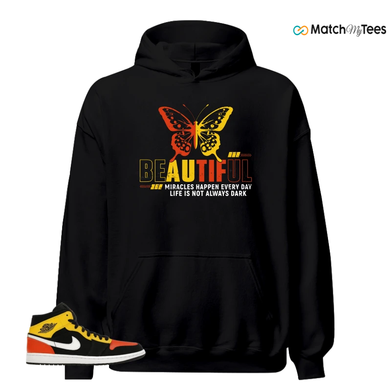 NIKE JORDAN 1 MID BLACK AMARILLO ORANGE SNEAKER Matching Tees hoodie
