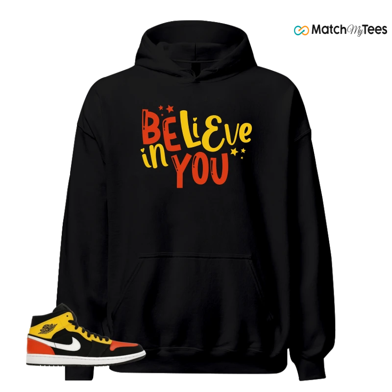 NIKE JORDAN 1 MID BLACK AMARILLO ORANGE SNEAKER Matching Tees hoodie