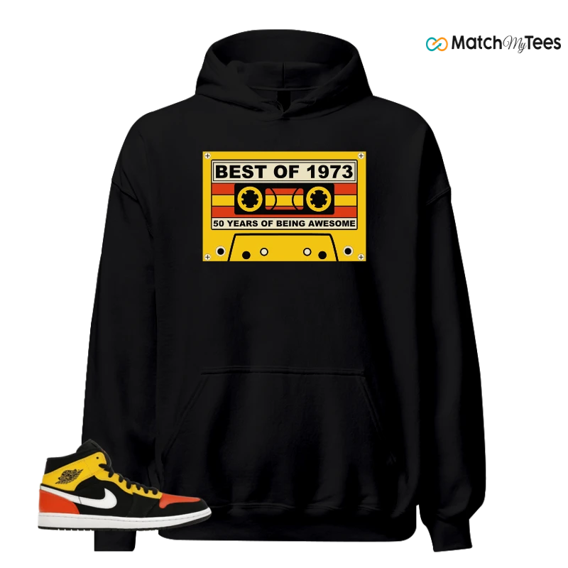 NIKE JORDAN 1 MID BLACK AMARILLO ORANGE SNEAKER Matching Tees hoodie