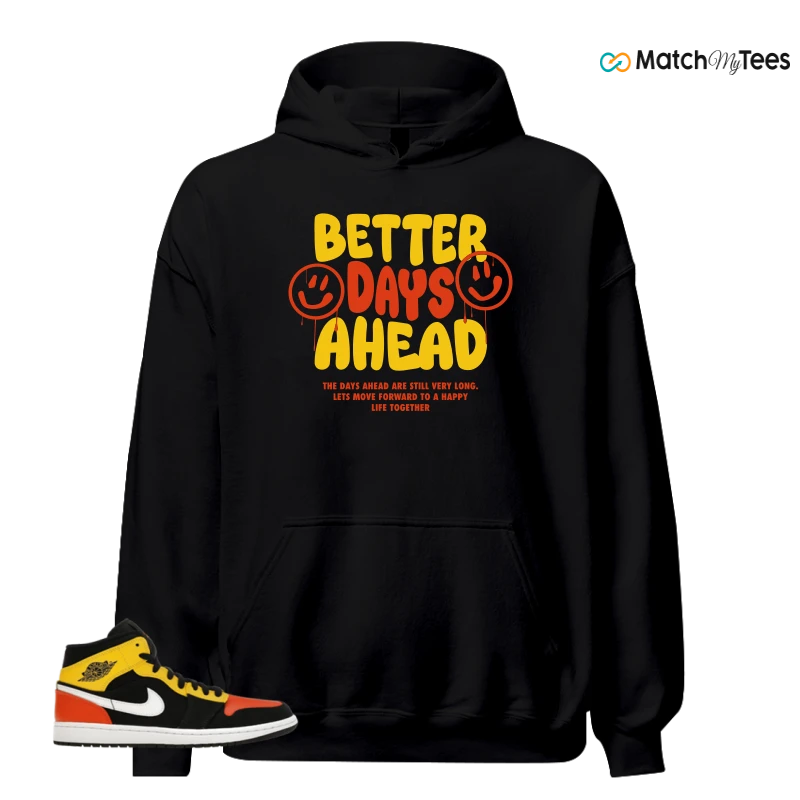 NIKE JORDAN 1 MID BLACK AMARILLO ORANGE SNEAKER Matching Tees hoodie