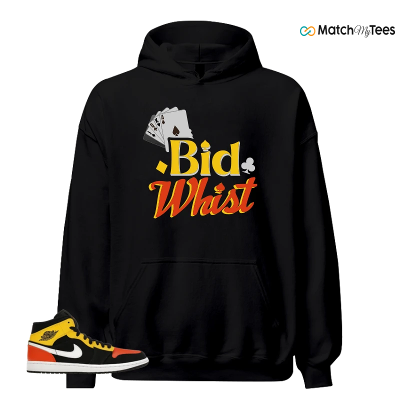 NIKE JORDAN 1 MID BLACK AMARILLO ORANGE SNEAKER Matching Tees hoodie