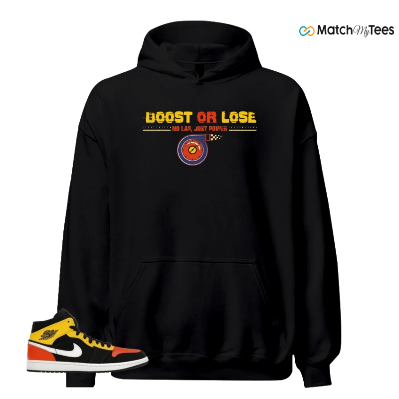 NIKE JORDAN 1 MID BLACK AMARILLO ORANGE SNEAKER Matching Tees hoodie