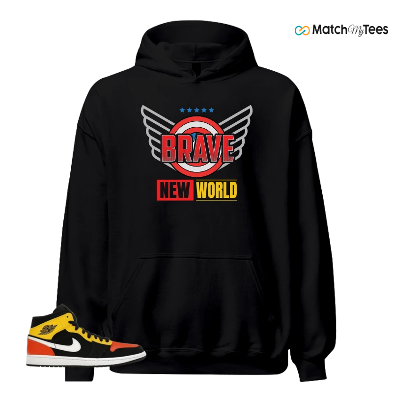NIKE JORDAN 1 MID BLACK AMARILLO ORANGE SNEAKER Matching Tees hoodie