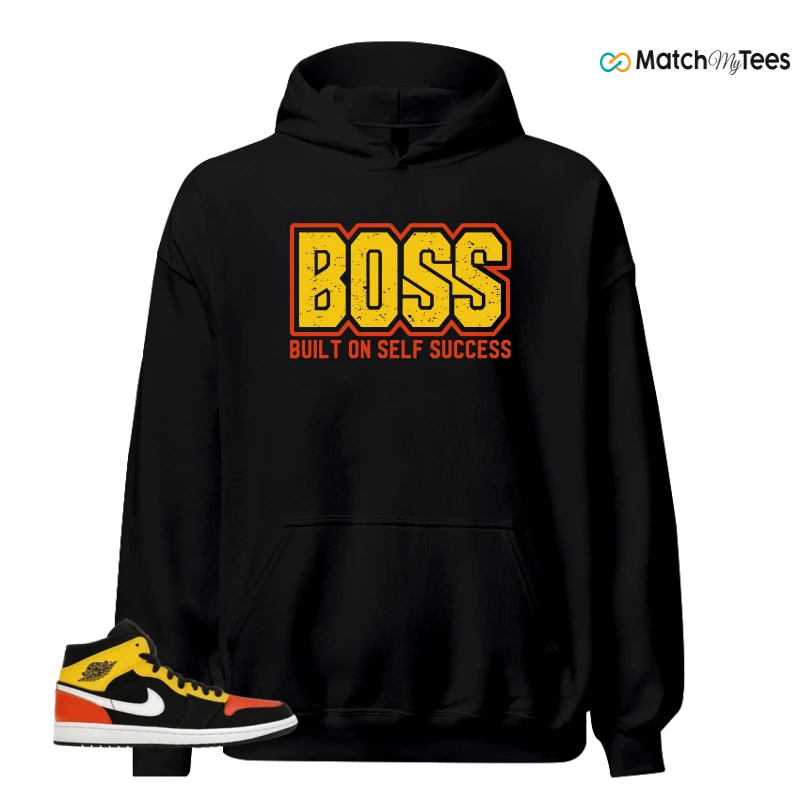 NIKE JORDAN 1 MID BLACK AMARILLO ORANGE SNEAKER Matching Tees hoodie