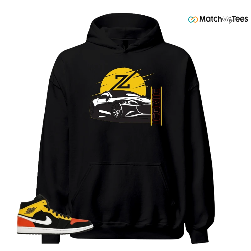 NIKE JORDAN 1 MID BLACK AMARILLO ORANGE SNEAKER Matching Tees hoodie