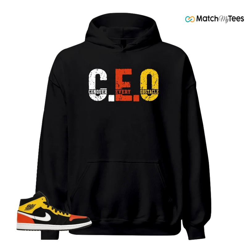 NIKE JORDAN 1 MID BLACK AMARILLO ORANGE SNEAKER Matching Tees hoodie