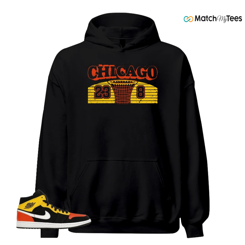 NIKE JORDAN 1 MID BLACK AMARILLO ORANGE SNEAKER Matching Tees hoodie