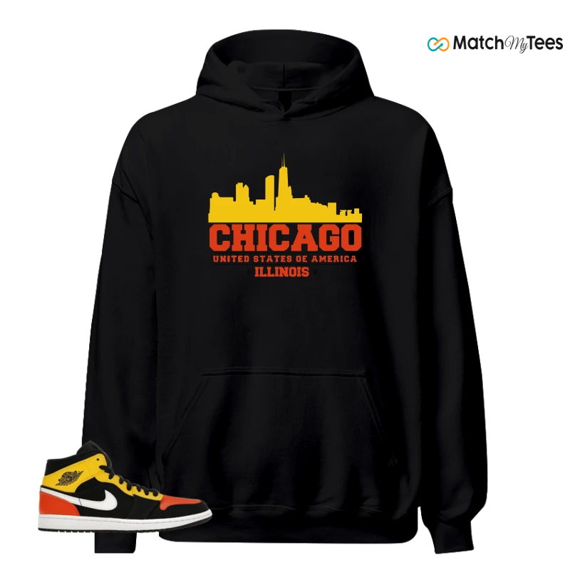 NIKE JORDAN 1 MID BLACK AMARILLO ORANGE SNEAKER Matching Tees hoodie