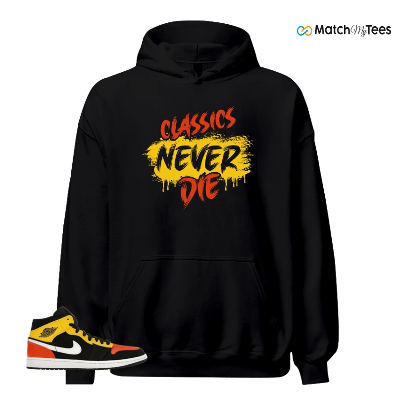 NIKE JORDAN 1 MID BLACK AMARILLO ORANGE SNEAKER Matching Tees hoodie