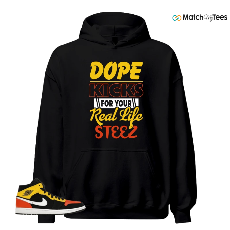NIKE JORDAN 1 MID BLACK AMARILLO ORANGE SNEAKER Matching Tees hoodie