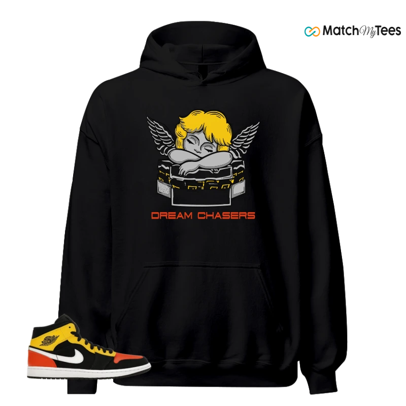 NIKE JORDAN 1 MID BLACK AMARILLO ORANGE SNEAKER Matching Tees hoodie