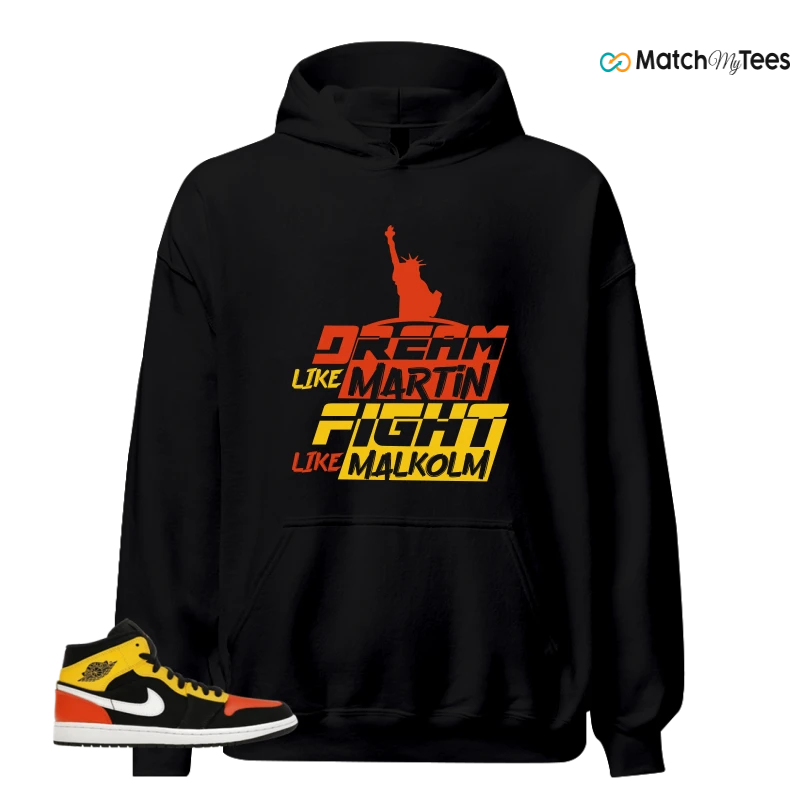 NIKE JORDAN 1 MID BLACK AMARILLO ORANGE SNEAKER Matching Tees hoodie