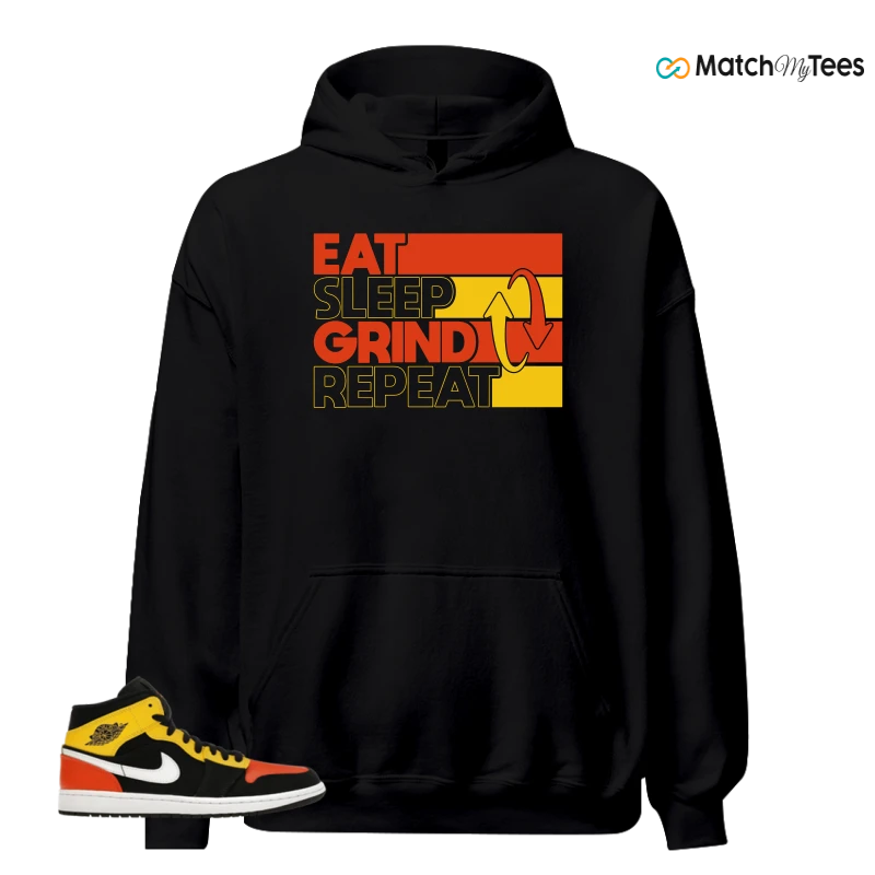 NIKE JORDAN 1 MID BLACK AMARILLO ORANGE SNEAKER Matching Tees hoodie