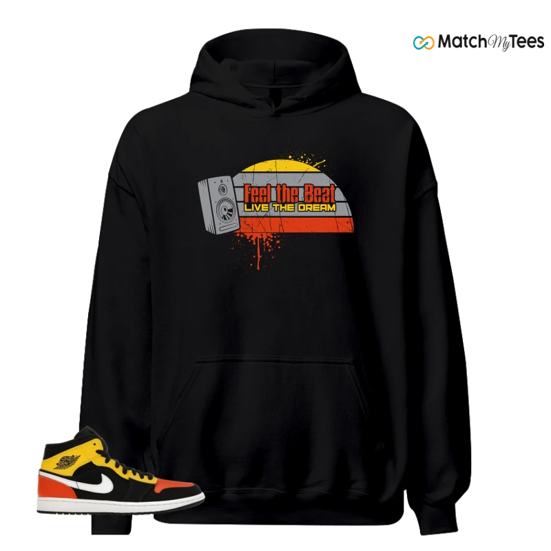 NIKE JORDAN 1 MID BLACK AMARILLO ORANGE SNEAKER Matching Tees hoodie