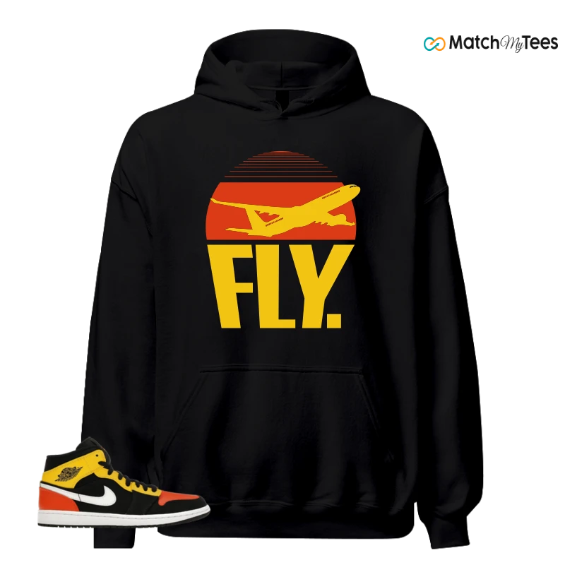 NIKE JORDAN 1 MID BLACK AMARILLO ORANGE SNEAKER Matching Tees hoodie
