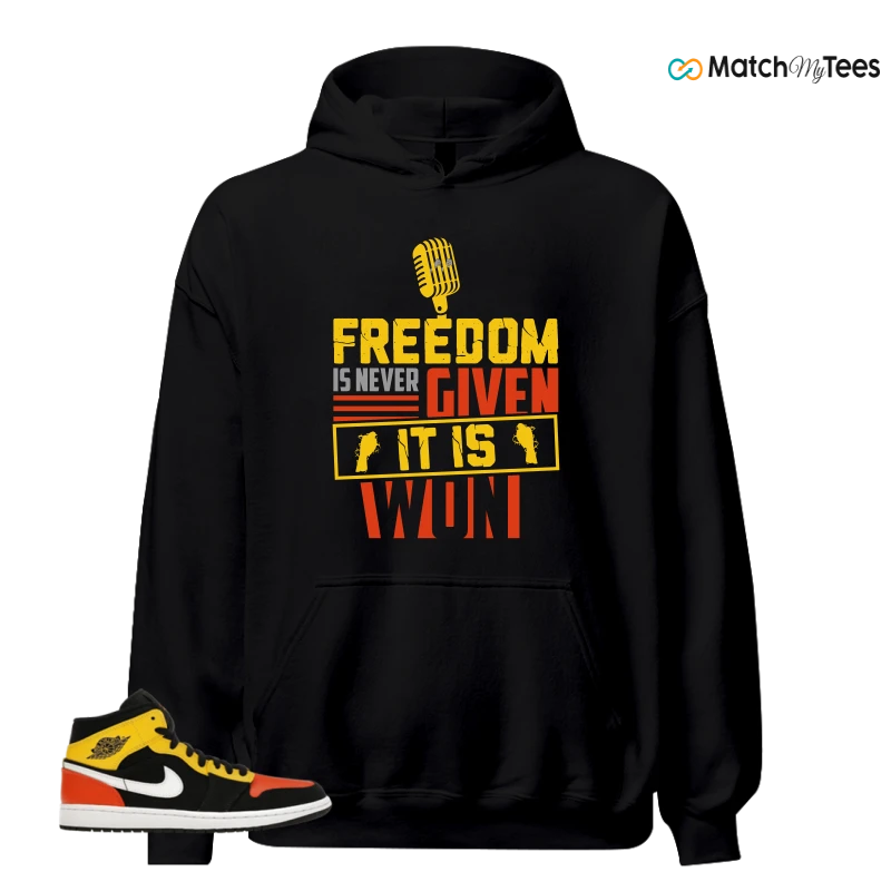 NIKE JORDAN 1 MID BLACK AMARILLO ORANGE SNEAKER Matching Tees hoodie