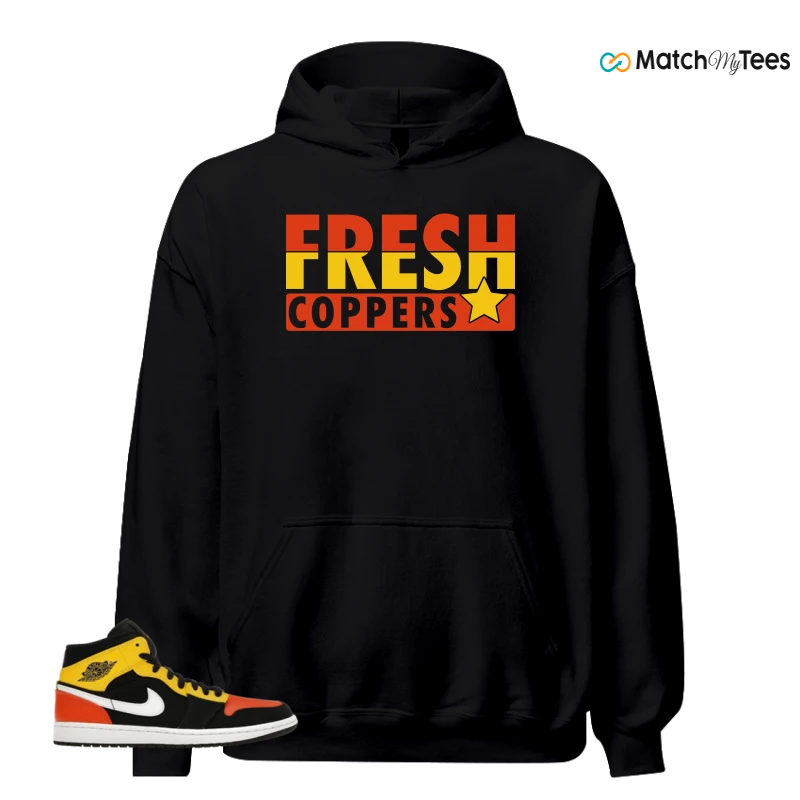 NIKE JORDAN 1 MID BLACK AMARILLO ORANGE SNEAKER Matching Tees hoodie