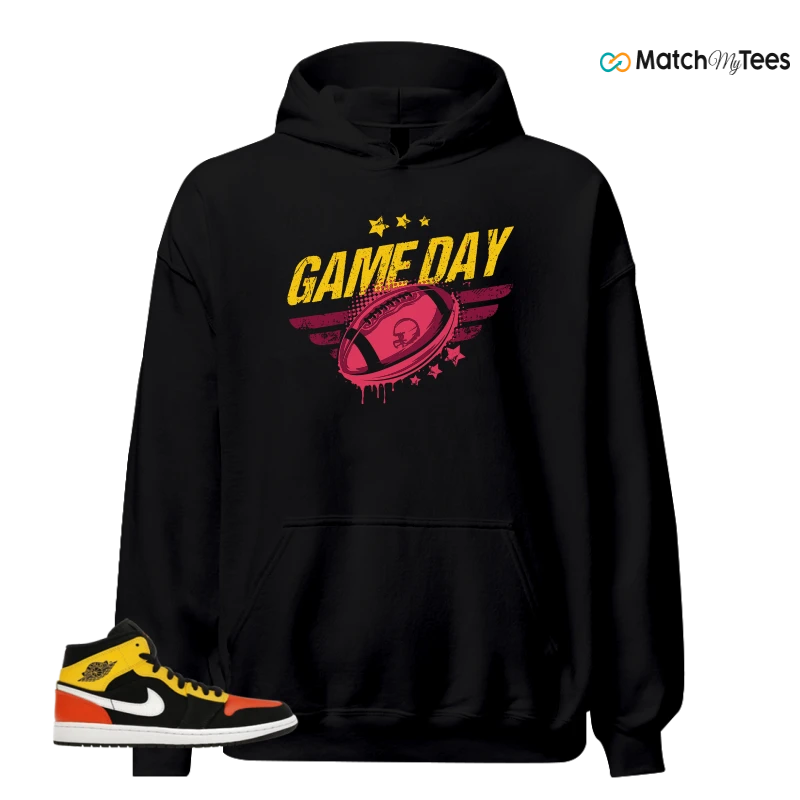 NIKE JORDAN 1 MID BLACK AMARILLO ORANGE SNEAKER Matching Tees hoodie