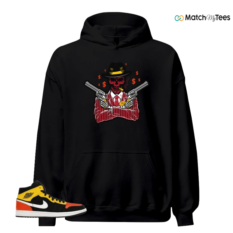 NIKE JORDAN 1 MID BLACK AMARILLO ORANGE SNEAKER Matching Tees hoodie