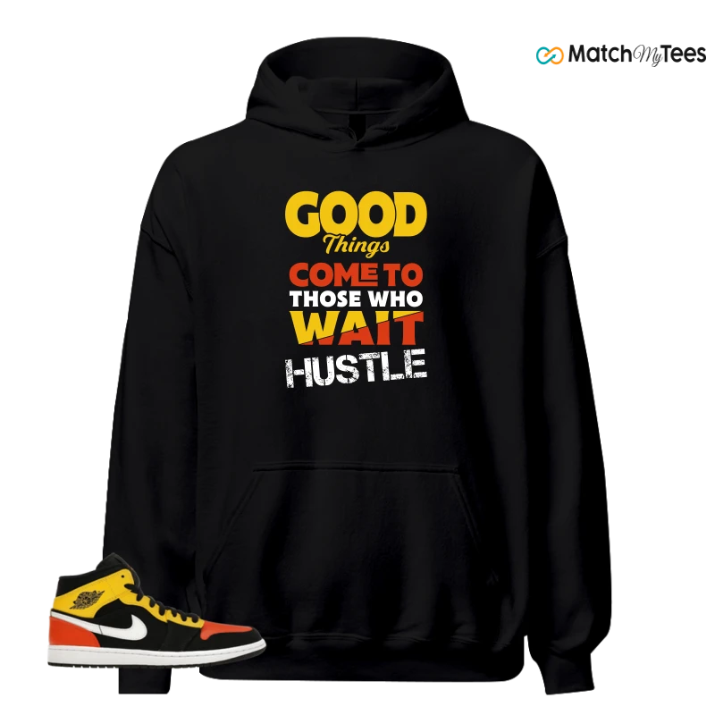 NIKE JORDAN 1 MID BLACK AMARILLO ORANGE SNEAKER Matching Tees hoodie