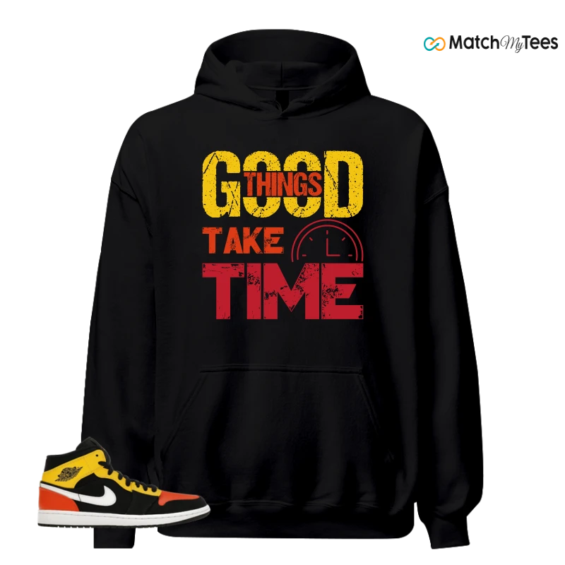 NIKE JORDAN 1 MID BLACK AMARILLO ORANGE SNEAKER Matching Tees hoodie