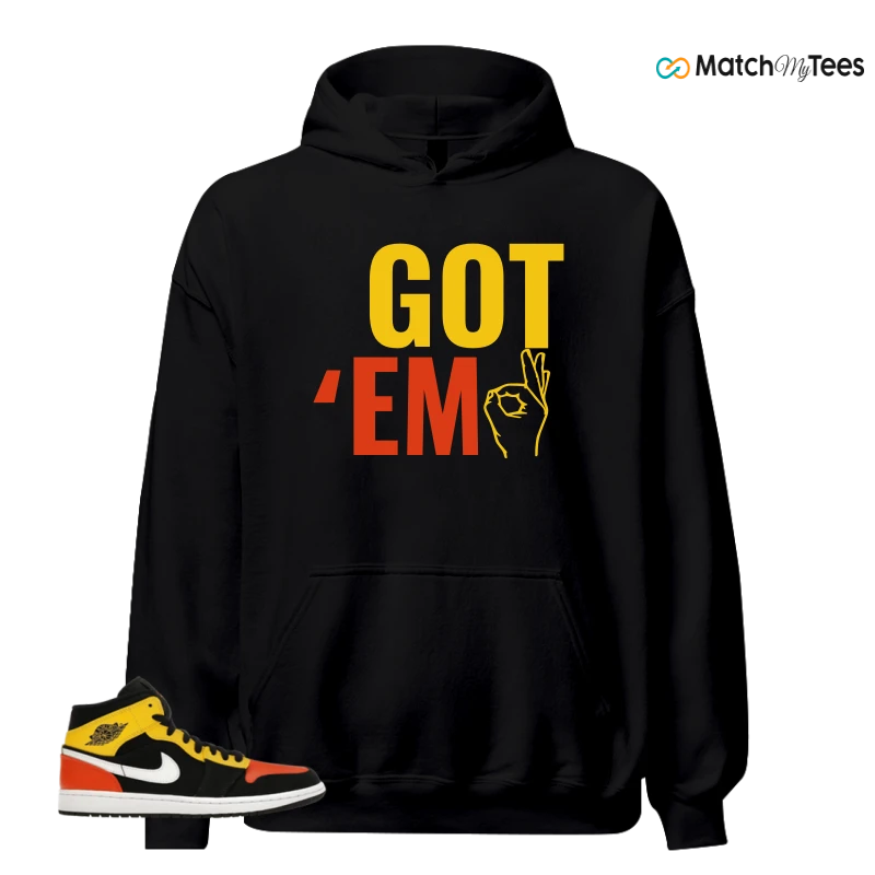 NIKE JORDAN 1 MID BLACK AMARILLO ORANGE SNEAKER Matching Tees hoodie