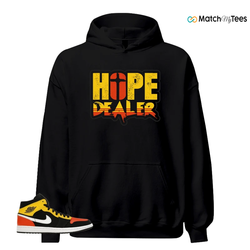 NIKE JORDAN 1 MID BLACK AMARILLO ORANGE SNEAKER Matching Tees hoodie