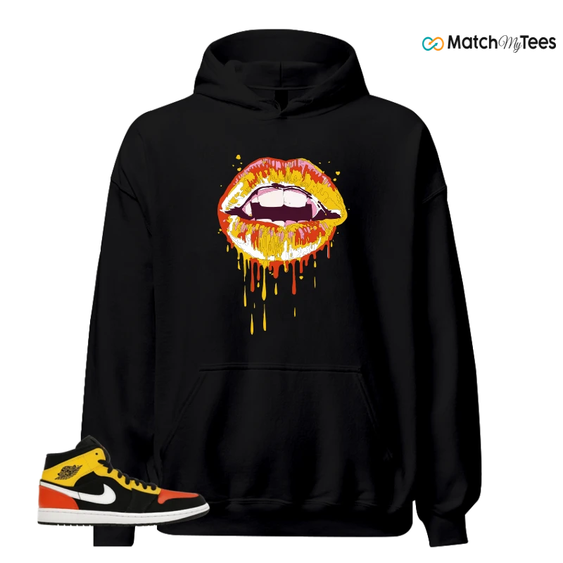 NIKE JORDAN 1 MID BLACK AMARILLO ORANGE SNEAKER Matching Tees hoodie