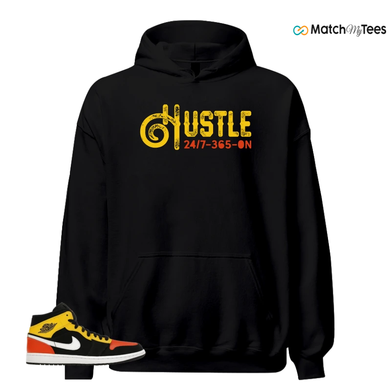 NIKE JORDAN 1 MID BLACK AMARILLO ORANGE SNEAKER Matching Tees hoodie