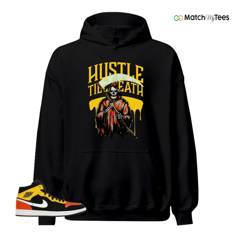 NIKE JORDAN 1 MID BLACK AMARILLO ORANGE SNEAKER Matching Tees hoodie