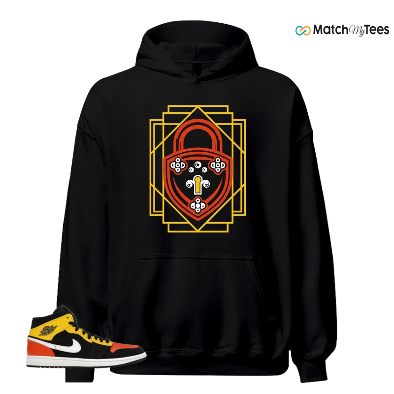 NIKE JORDAN 1 MID BLACK AMARILLO ORANGE SNEAKER Matching Tees hoodie
