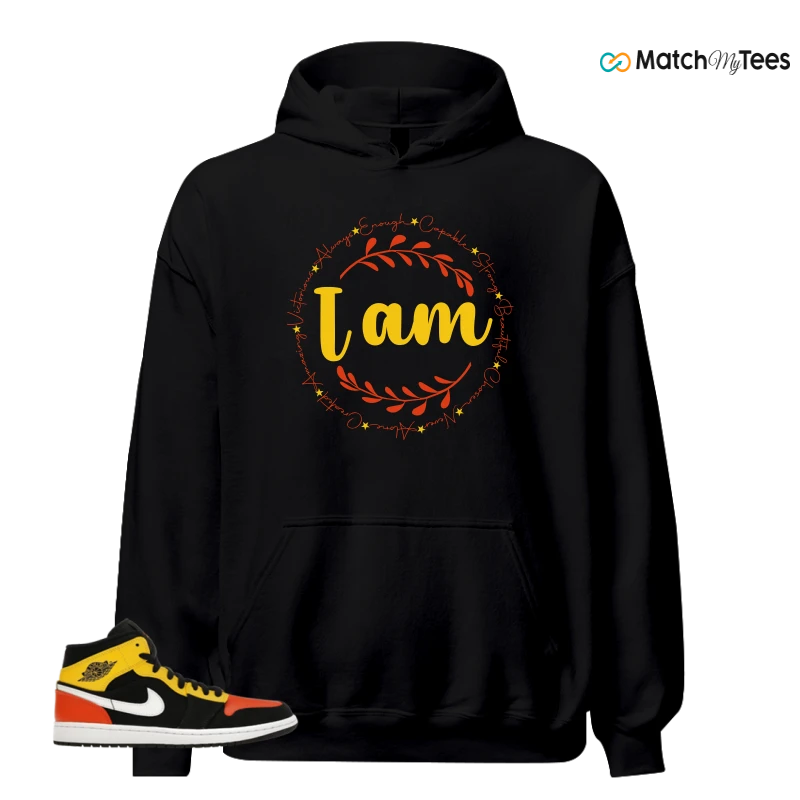 NIKE JORDAN 1 MID BLACK AMARILLO ORANGE SNEAKER Matching Tees hoodie