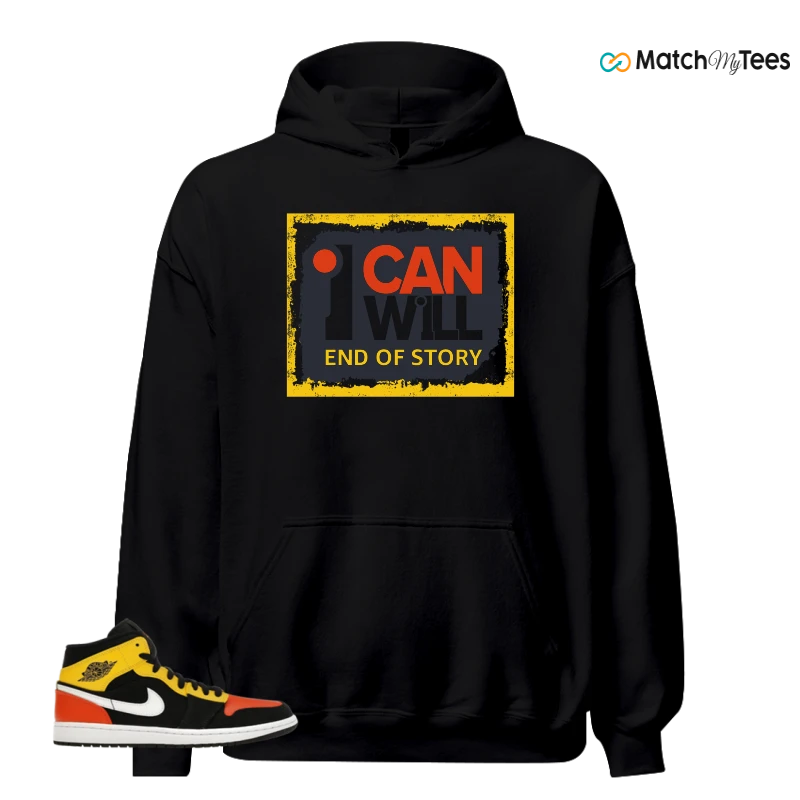 NIKE JORDAN 1 MID BLACK AMARILLO ORANGE SNEAKER Matching Tees hoodie