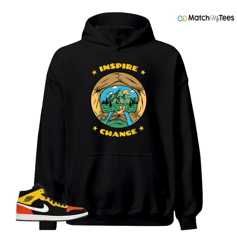 NIKE JORDAN 1 MID BLACK AMARILLO ORANGE SNEAKER Matching Tees hoodie
