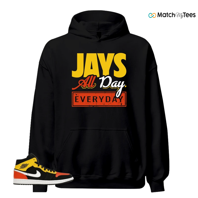 NIKE JORDAN 1 MID BLACK AMARILLO ORANGE SNEAKER Matching Tees hoodie