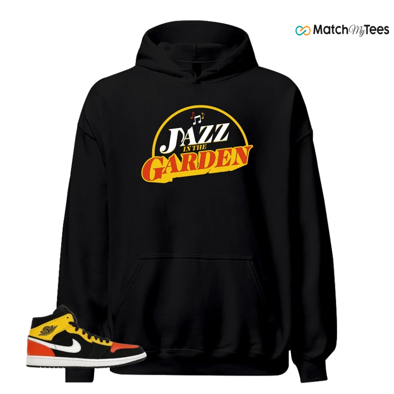 NIKE JORDAN 1 MID BLACK AMARILLO ORANGE SNEAKER Matching Tees hoodie