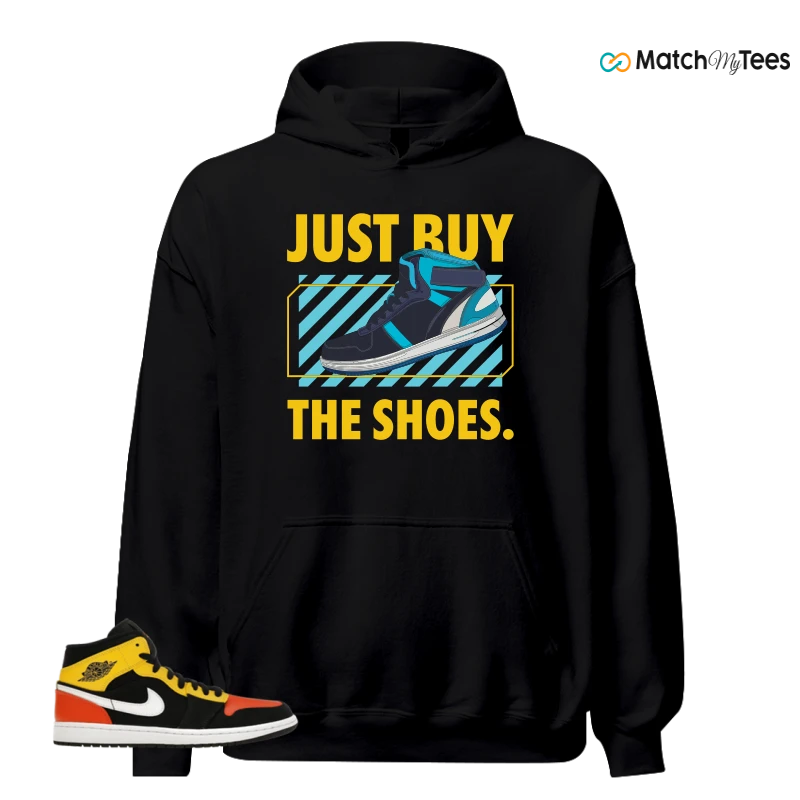 NIKE JORDAN 1 MID BLACK AMARILLO ORANGE SNEAKER Matching Tees hoodie