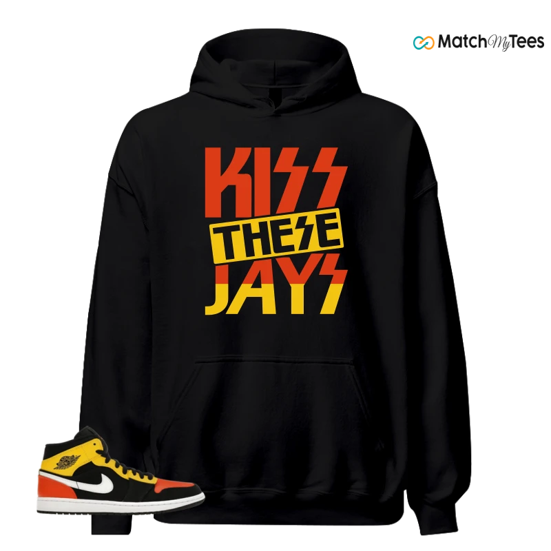 NIKE JORDAN 1 MID BLACK AMARILLO ORANGE SNEAKER Matching Tees hoodie
