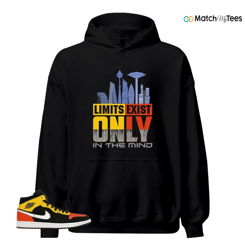 NIKE JORDAN 1 MID BLACK AMARILLO ORANGE SNEAKER Matching Tees hoodie