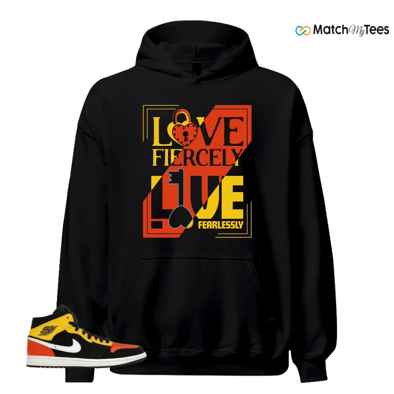 NIKE JORDAN 1 MID BLACK AMARILLO ORANGE SNEAKER Matching Tees hoodie