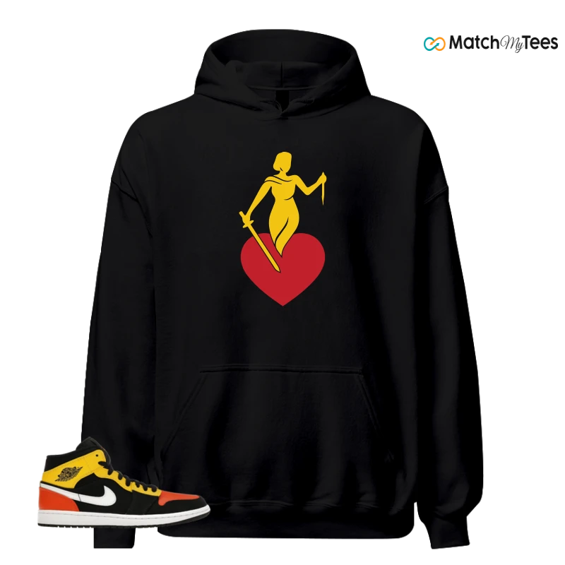 NIKE JORDAN 1 MID BLACK AMARILLO ORANGE SNEAKER Matching Tees hoodie