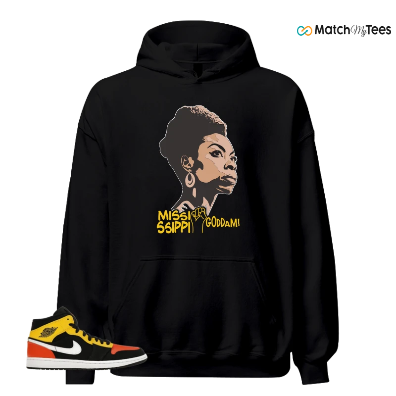 NIKE JORDAN 1 MID BLACK AMARILLO ORANGE SNEAKER Matching Tees hoodie
